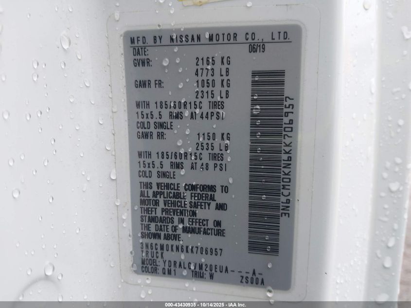 2019 Nissan Nv200 Sv VIN: 3N6CM0KN6KK706957 Lot: 43430935