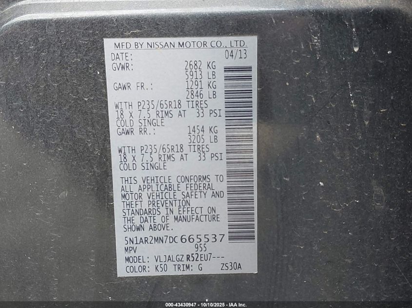 2013 Nissan Pathfinder Sl VIN: 5N1AR2MN7DC665537 Lot: 43430947