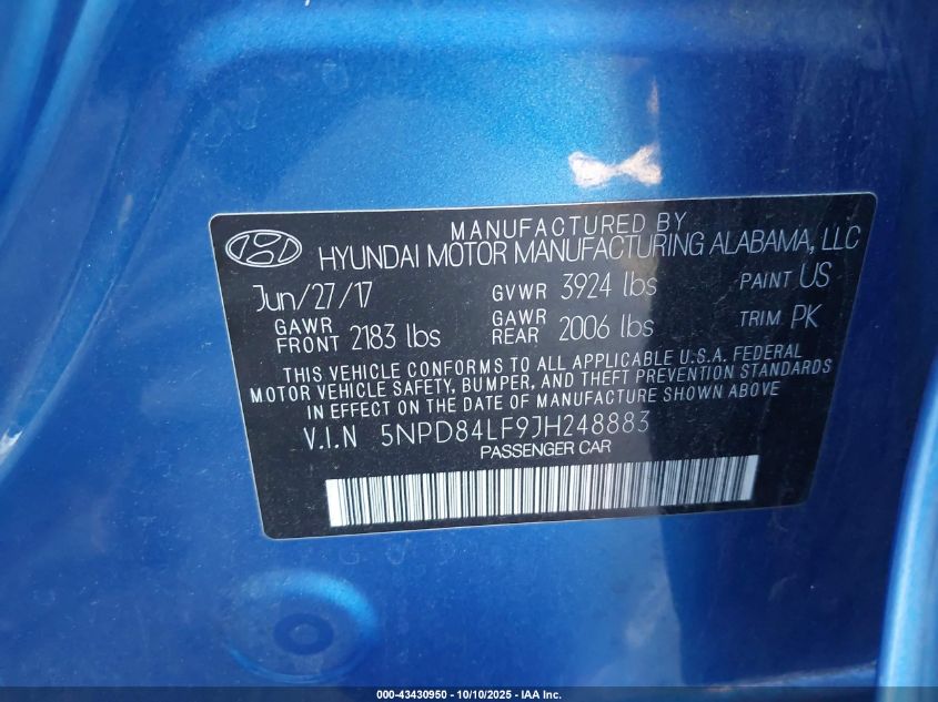 2018 Hyundai Elantra Sel VIN: 5NPD84LF9JH248883 Lot: 43430950