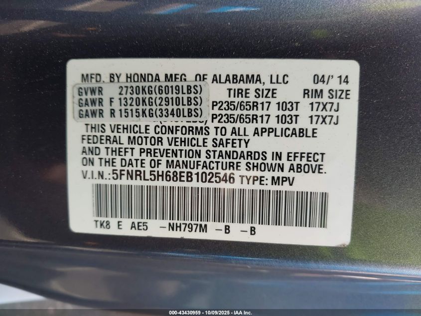 2014 Honda Odyssey Ex-L VIN: 5FNRL5H68EB102546 Lot: 43430959