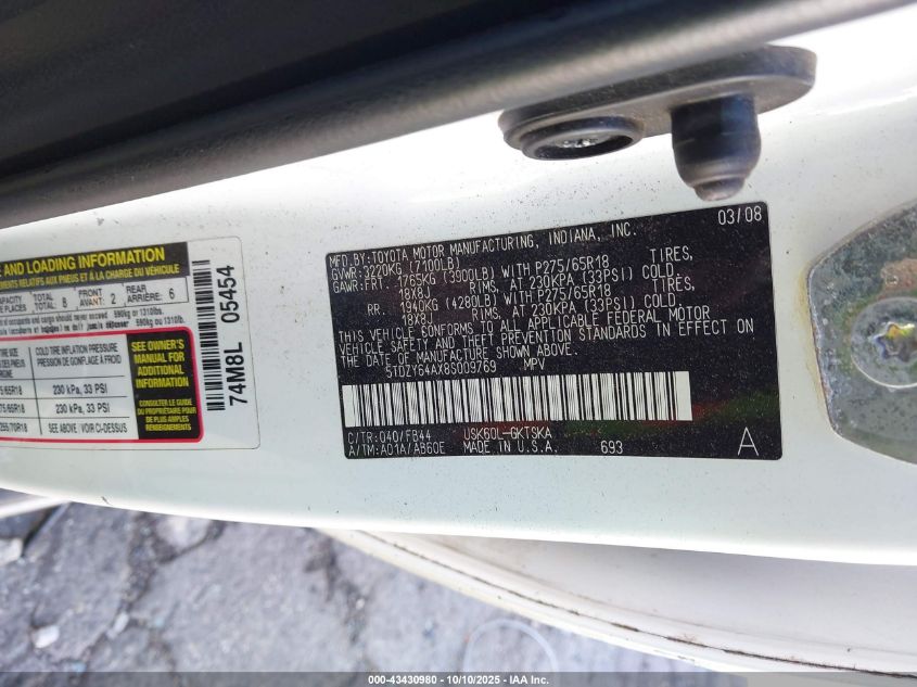 2008 Toyota Sequoia Sr5 5.7L V8 VIN: 5TDZY64AX8S009769 Lot: 43430980