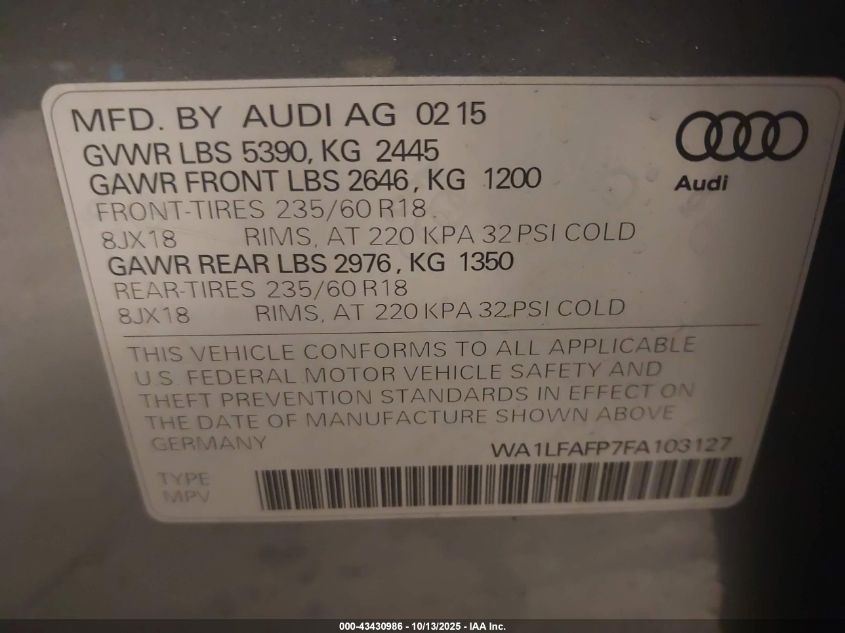 2015 Audi Q5 2.0T Premium VIN: WA1LFAFP7FA103127 Lot: 43430986