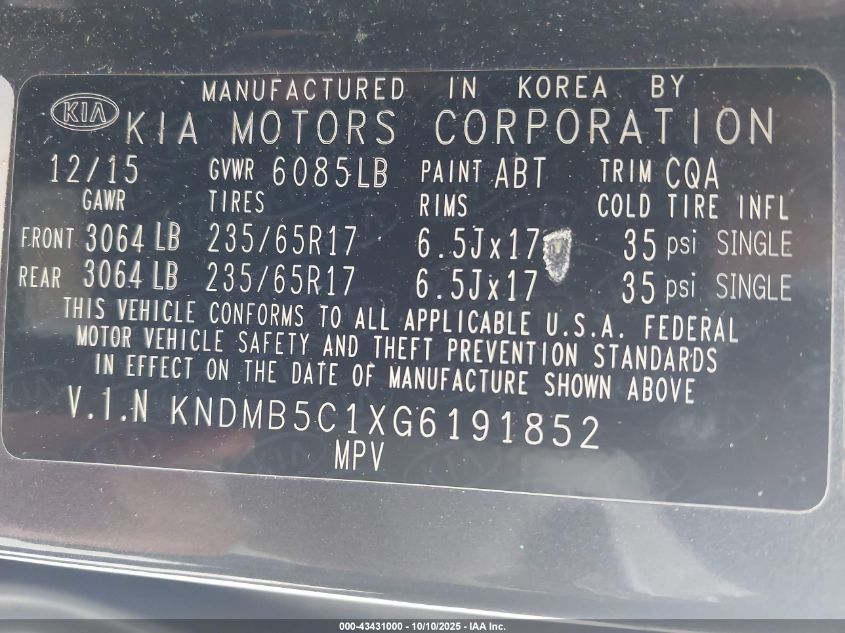 2016 Kia Sedona Lx VIN: KNDMB5C1XG6191852 Lot: 43431000