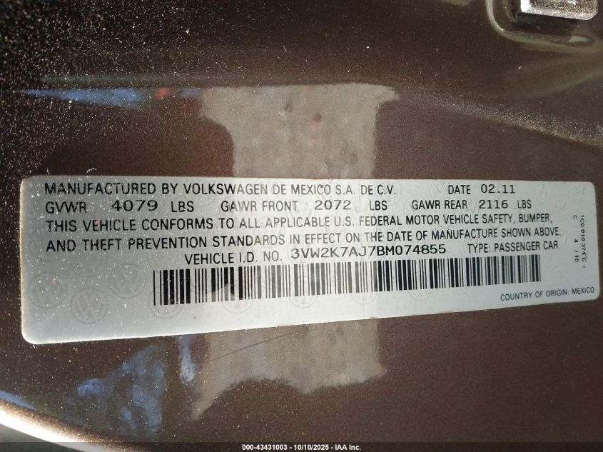 2011 Volkswagen Jetta 2.0L S VIN: 3VW2K7AJ7BM074855 Lot: 43431003