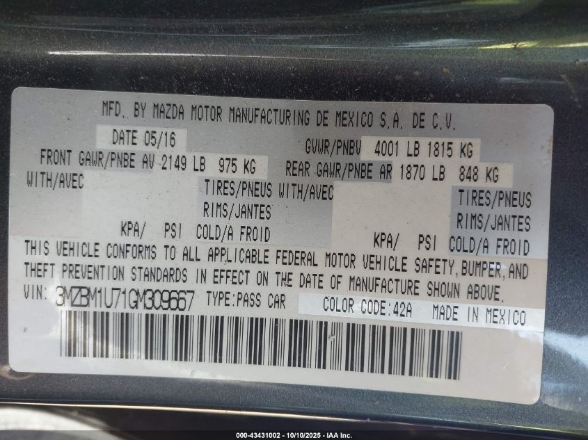 2016 Mazda Mazda3 I Sport VIN: 3MZBM1U71GM309667 Lot: 43431002