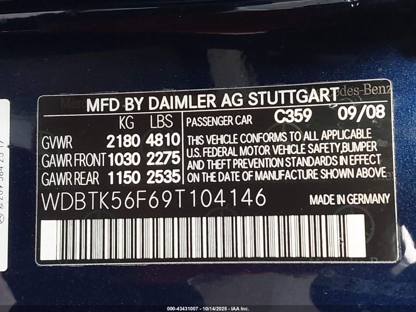 2009 Mercedes-Benz Clk 350 VIN: WDBTK56F69T104146 Lot: 43431007