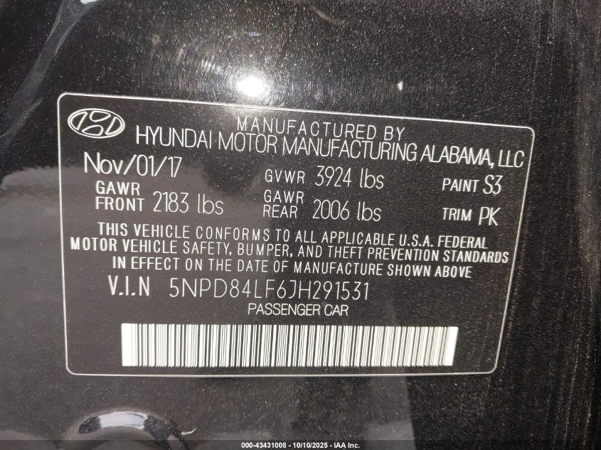 2018 Hyundai Elantra Value Edition VIN: 5NPD84LF6JH291531 Lot: 43431008