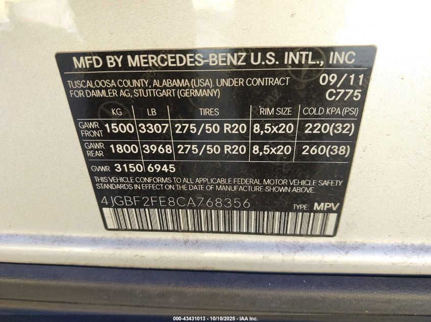2012 Mercedes-Benz Gl 350 Bluetec 4Matic VIN: 4JGBF2FE8CA768356 Lot: 43431013