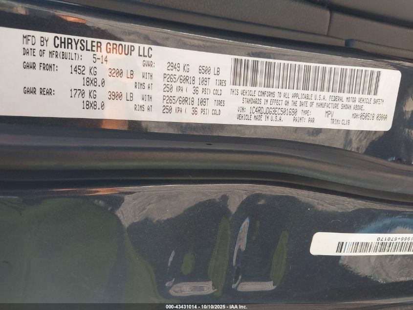 2014 Dodge Durango Limited VIN: 1C4RDJDG3EC501690 Lot: 43431014