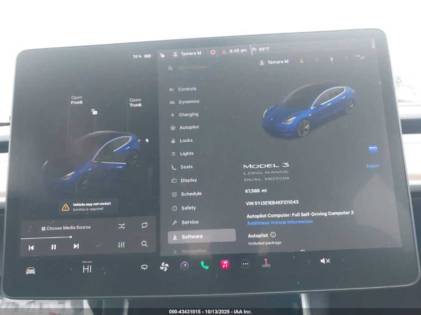 2019 Tesla Model 3 Long Range/Performance VIN: 5YJ3E1EB4KF211043 Lot: 43431015