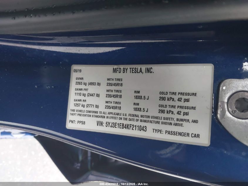 2019 Tesla Model 3 Long Range/Performance VIN: 5YJ3E1EB4KF211043 Lot: 43431015