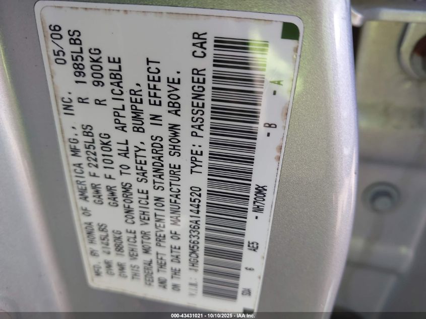 2006 Honda Accord 2.4 Se VIN: 1HGCM56336A144520 Lot: 43431021