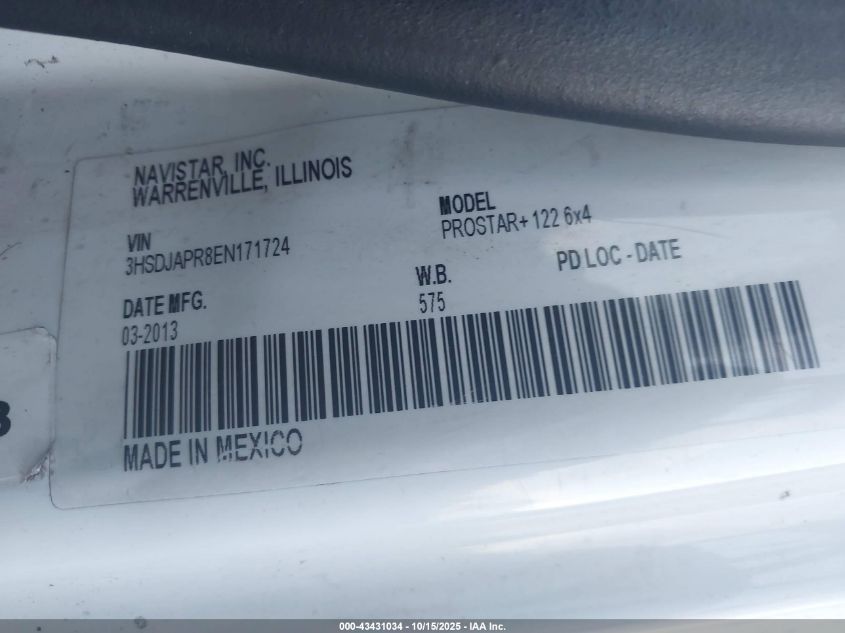 2014 International Prostar VIN: 3HSDJAPR8EN171724 Lot: 43431034