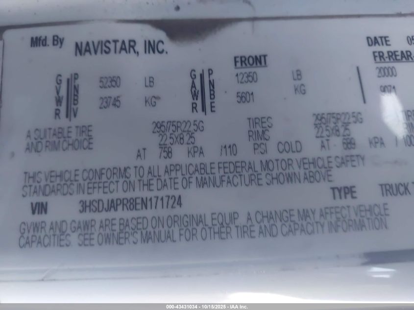 2014 International Prostar VIN: 3HSDJAPR8EN171724 Lot: 43431034