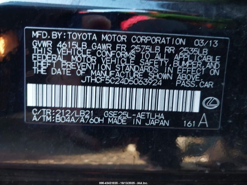 2013 Lexus Is 250 VIN: JTHCF5C24D5063924 Lot: 43431035