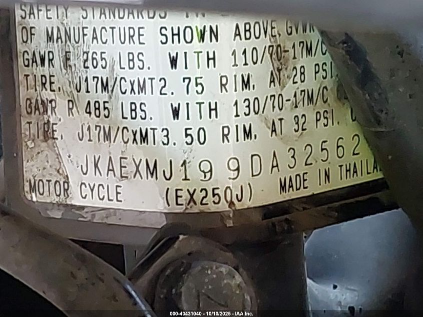 2009 Kawasaki Ex250 J VIN: JKAEXMJ199DA32562 Lot: 43431040