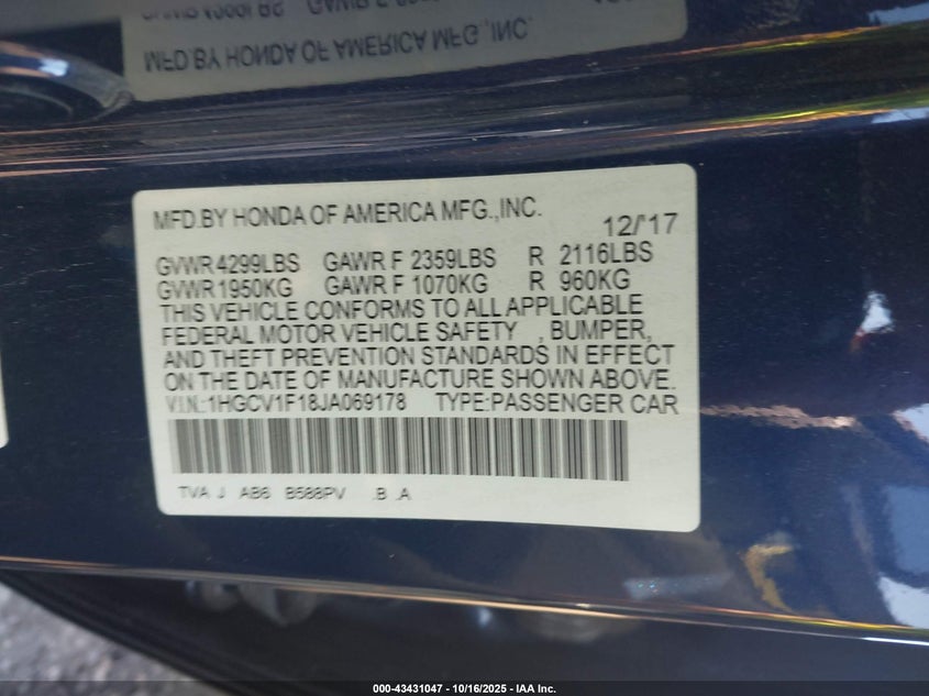 2018 HONDA ACCORD LX 1HGCV1F18JA069178