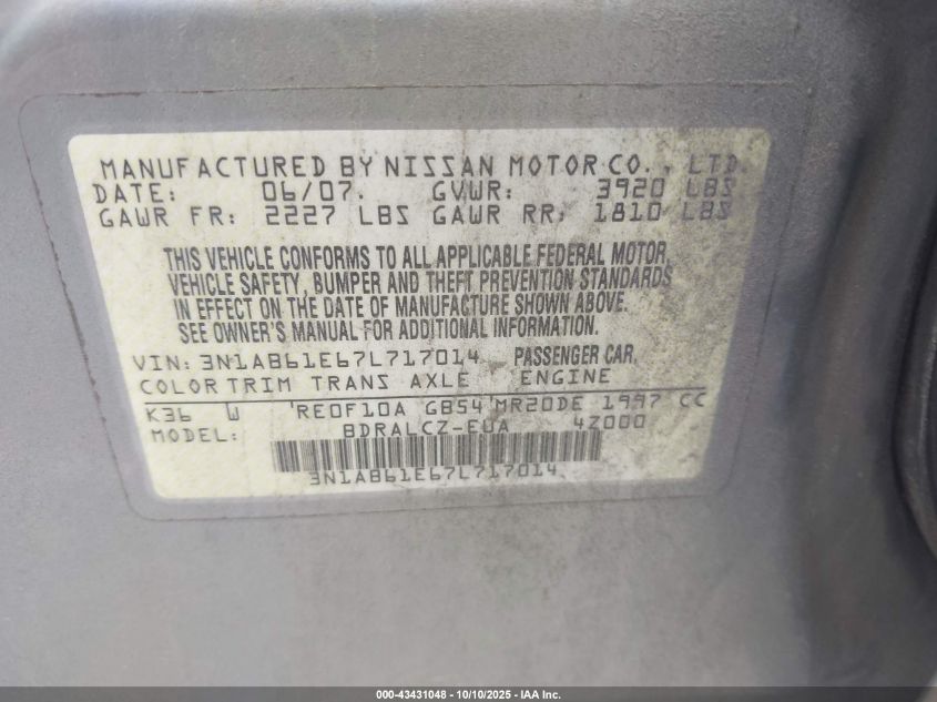 2007 Nissan Sentra 2.0 VIN: 3N1AB61E67L717014 Lot: 43431048