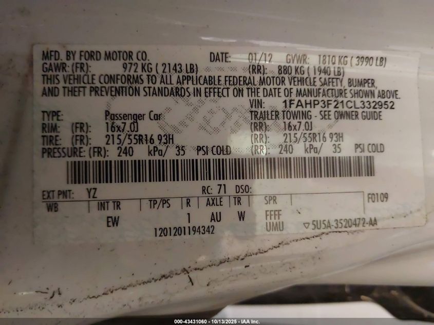 2012 Ford Focus Se VIN: 1FAHP3F21CL332952 Lot: 43431060