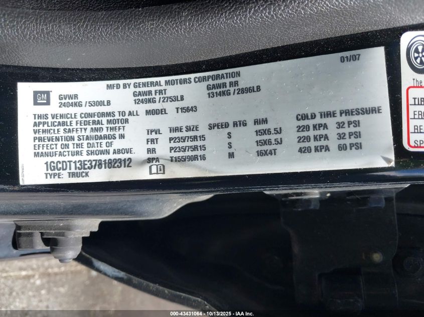 2007 Chevrolet Colorado Lt VIN: 1GCDT13E378182312 Lot: 43431064