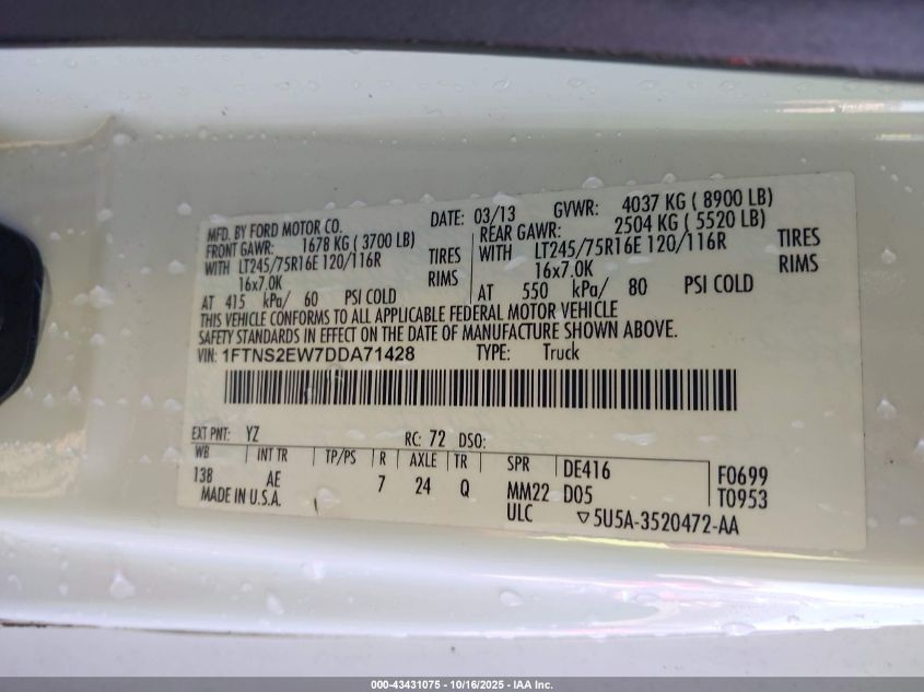2013 Ford E-250 Commercial VIN: 1FTNS2EW7DDA71428 Lot: 43431075