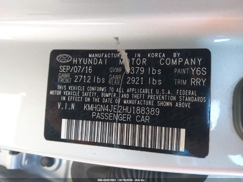 2017 Genesis G80 3.8 VIN: KMHGN4JE2HU188389 Lot: 43431083