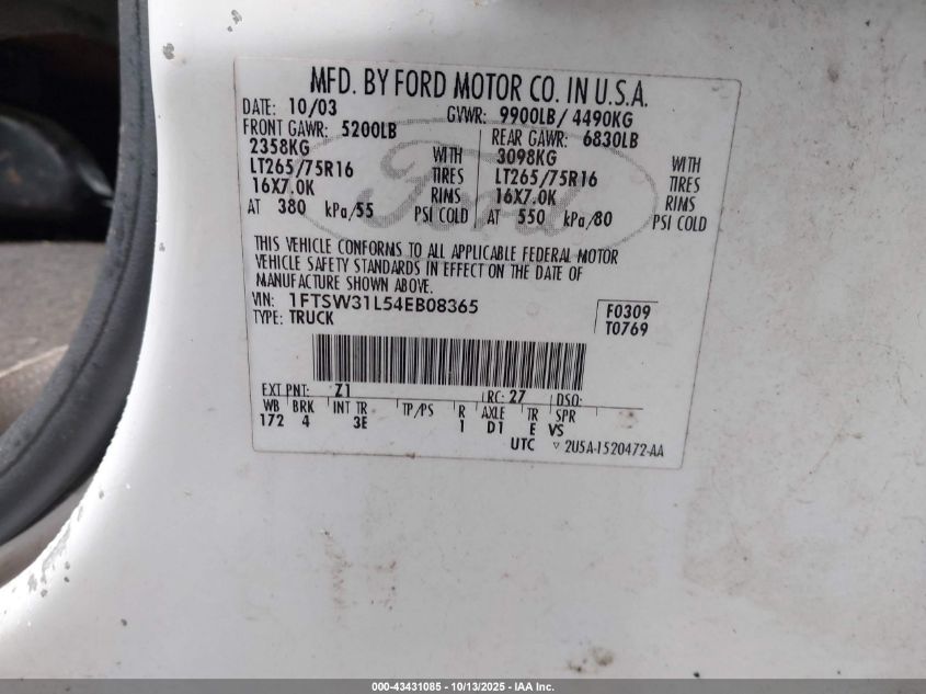 2004 Ford F-350 VIN: 1FTSW31L54EB08365 Lot: 43431085