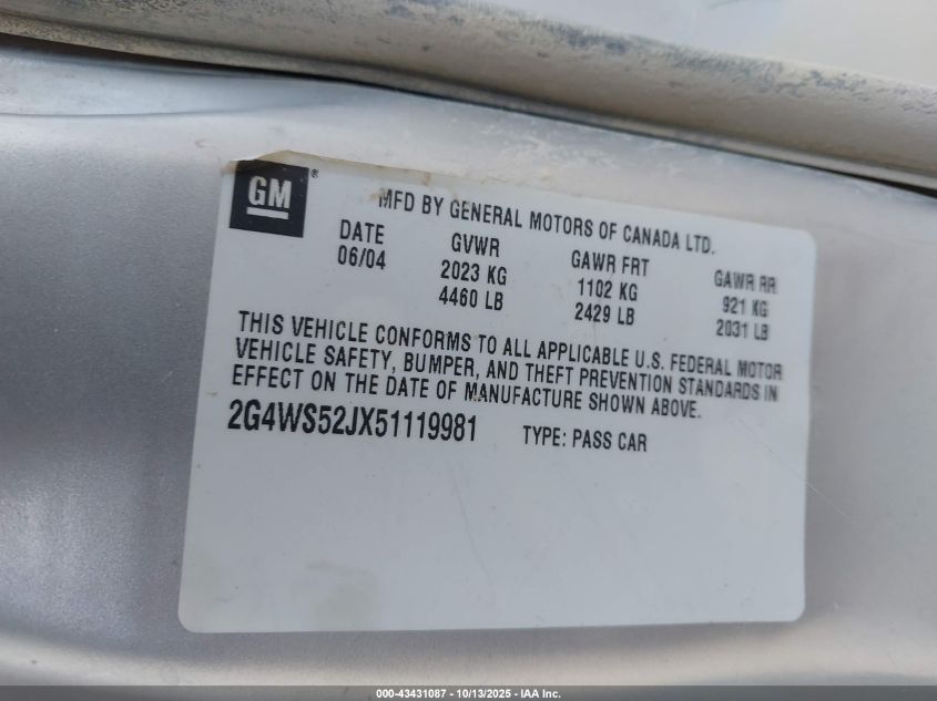 2005 Buick Century VIN: 2G4WS52JX51119981 Lot: 43431087