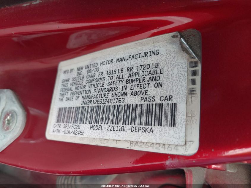 2001 Toyota Corolla S VIN: 1NXBR12E51Z461763 Lot: 43431102