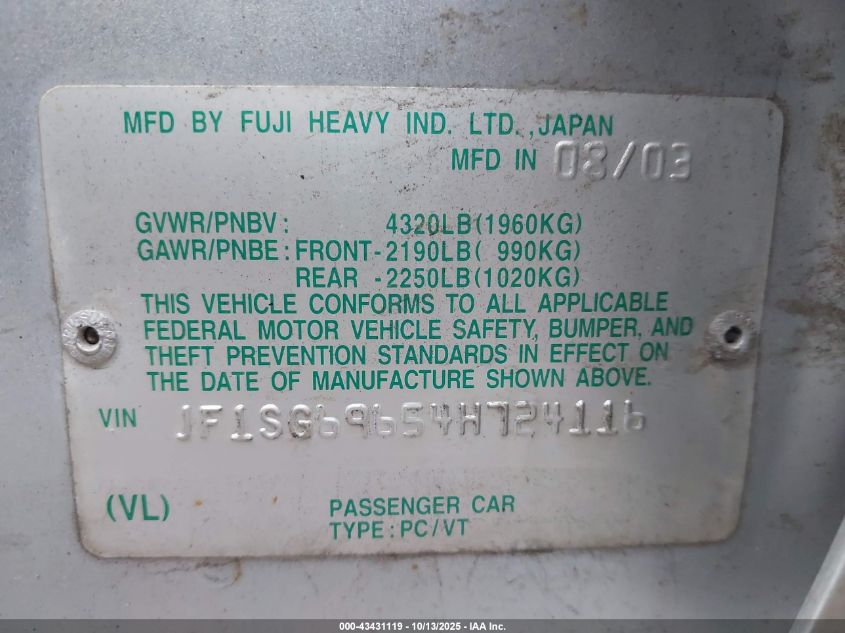 2004 Subaru Forester 2.5Xt VIN: JF1SG69654H724116 Lot: 43431119