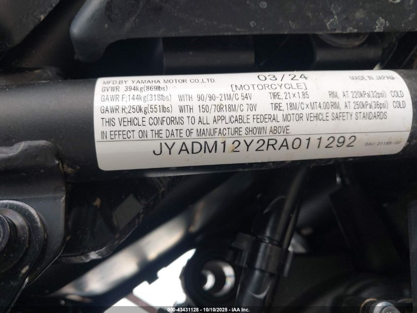 2024 Yamaha Xtz690 VIN: JYADM12Y2RA011292 Lot: 43431128