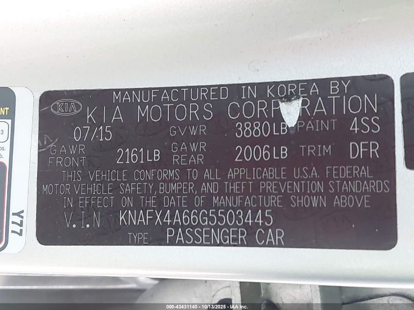 2016 Kia Forte Lx VIN: KNAFX4A66G5503445 Lot: 43431140