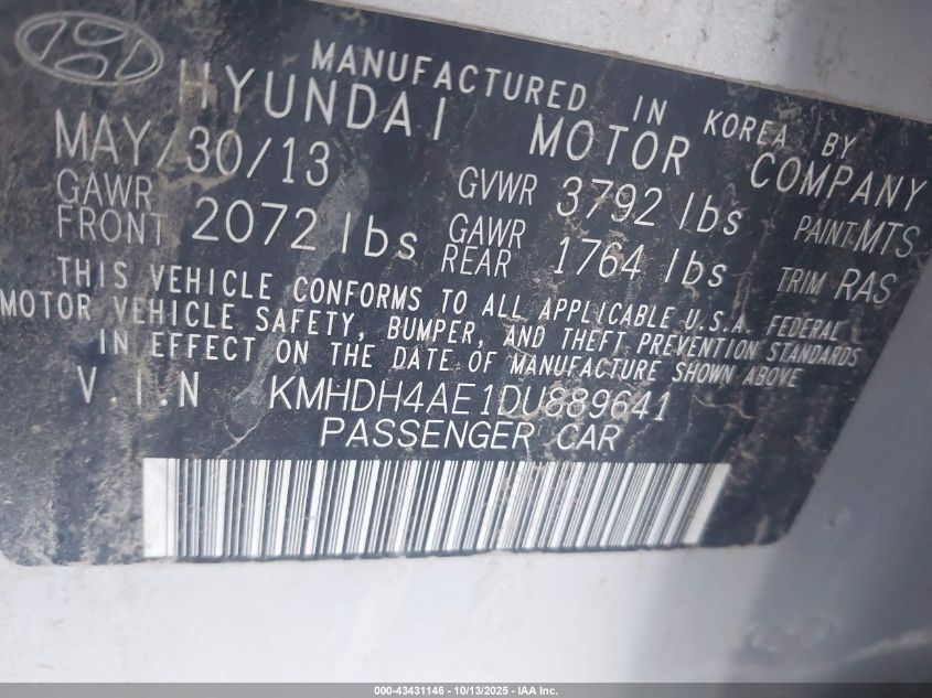 2013 Hyundai Elantra Gls VIN: KMHDH4AE1DU889641 Lot: 43431146