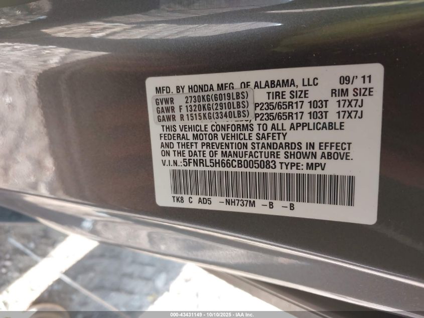 2012 Honda Odyssey Ex-L VIN: 5FNRL5H66CB005083 Lot: 43431149