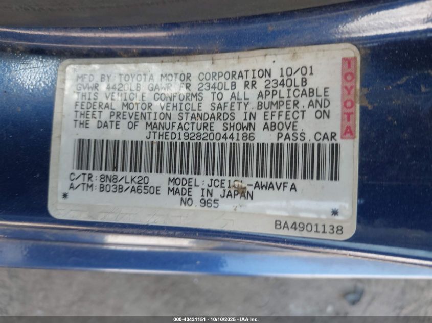 2002 Lexus Is 300 Sport Cross VIN: JTHED192820044186 Lot: 43431151