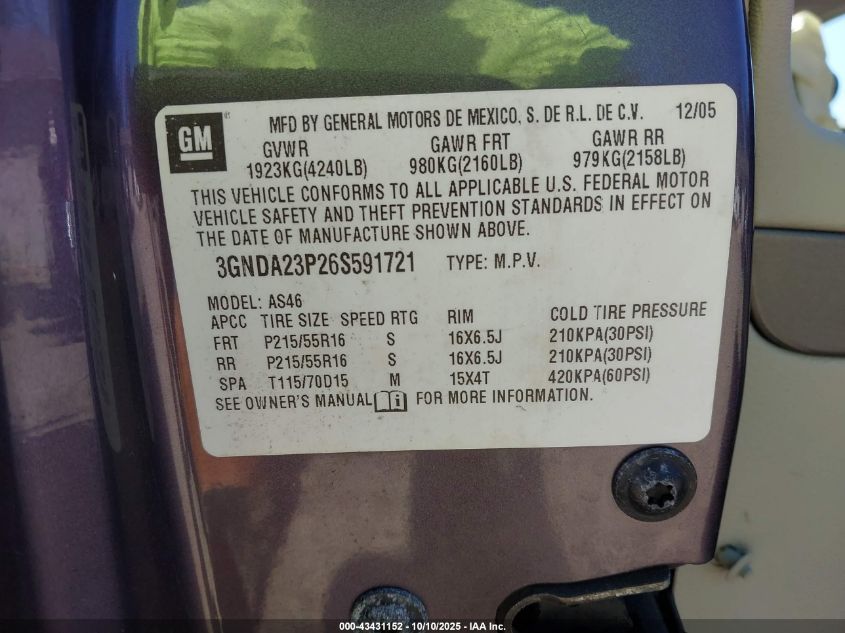 2006 Chevrolet Hhr Lt VIN: 3GNDA23P26S591721 Lot: 43431152