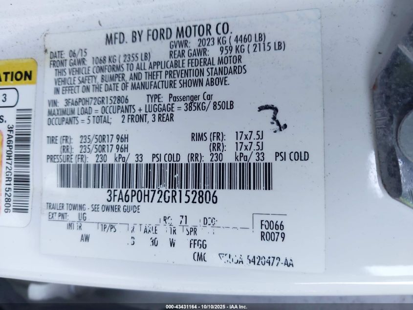 2016 Ford Fusion Se VIN: 3FA6P0H72GR152806 Lot: 43431164