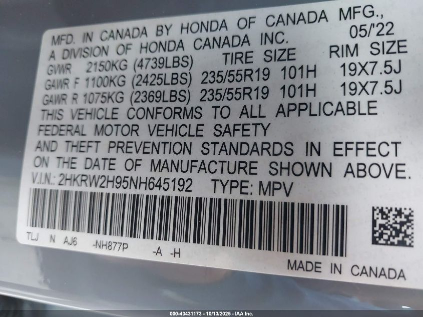 2022 Honda Cr-V Awd Touring VIN: 2HKRW2H95NH645192 Lot: 43431173