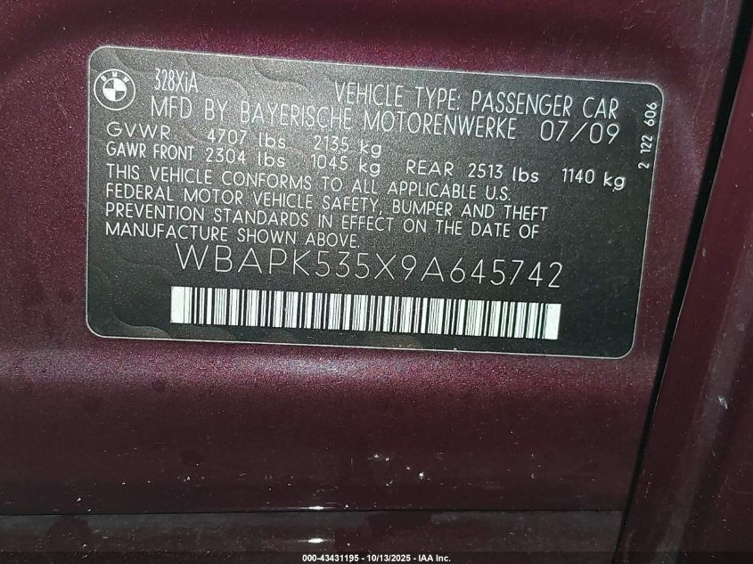 2009 BMW 328I xDrive VIN: WBAPK535X9A645742 Lot: 43431195