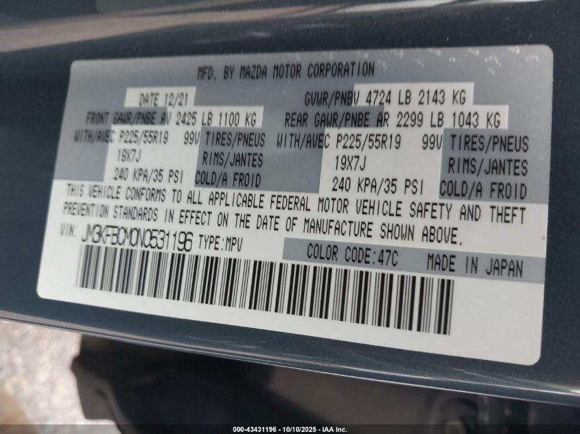 2022 Mazda Cx-5 2.5 S Carbon Edition VIN: JM3KFBCM0N0531196 Lot: 43431196