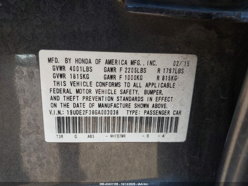 2016 Acura Ilx 2.4L/Acurawatch Plus Package VIN: 19UDE2F38GA003038 Lot: 43431199