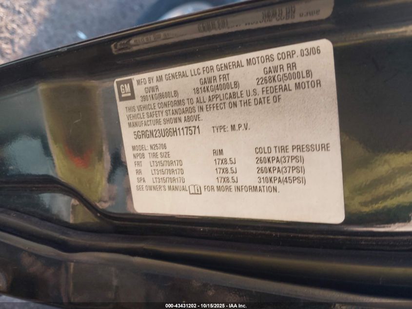 2006 Hummer H2 Suv VIN: 5GRGN23U86H117571 Lot: 43431202