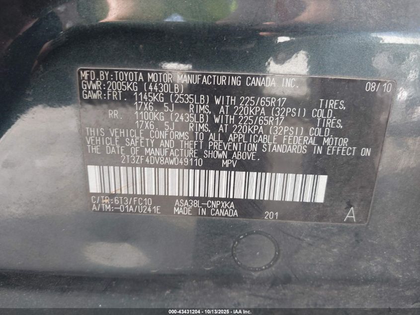 2010 Toyota Rav4 VIN: 2T3ZF4DV8AW049110 Lot: 43431204