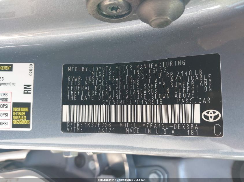 2023 Toyota Corolla Se VIN: 5YFS4MCE8PP153916 Lot: 43431213