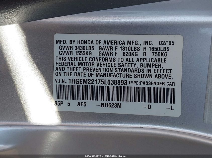 2005 Honda Civic Vp VIN: 1HGEM22175L038893 Lot: 43431223