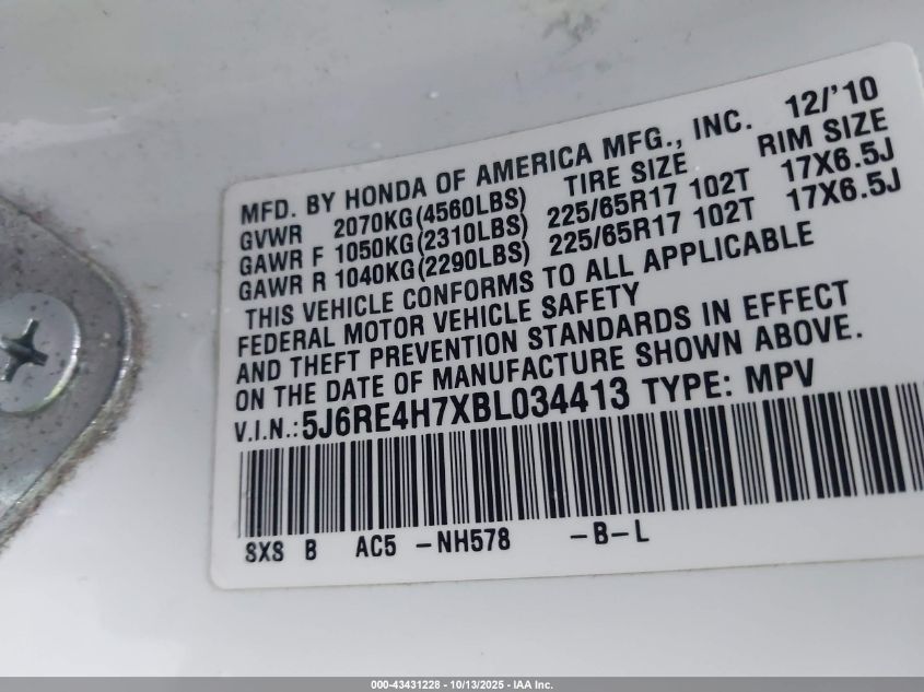 2011 Honda Cr-V Ex-L VIN: 5J6RE4H7XBL034413 Lot: 43431228