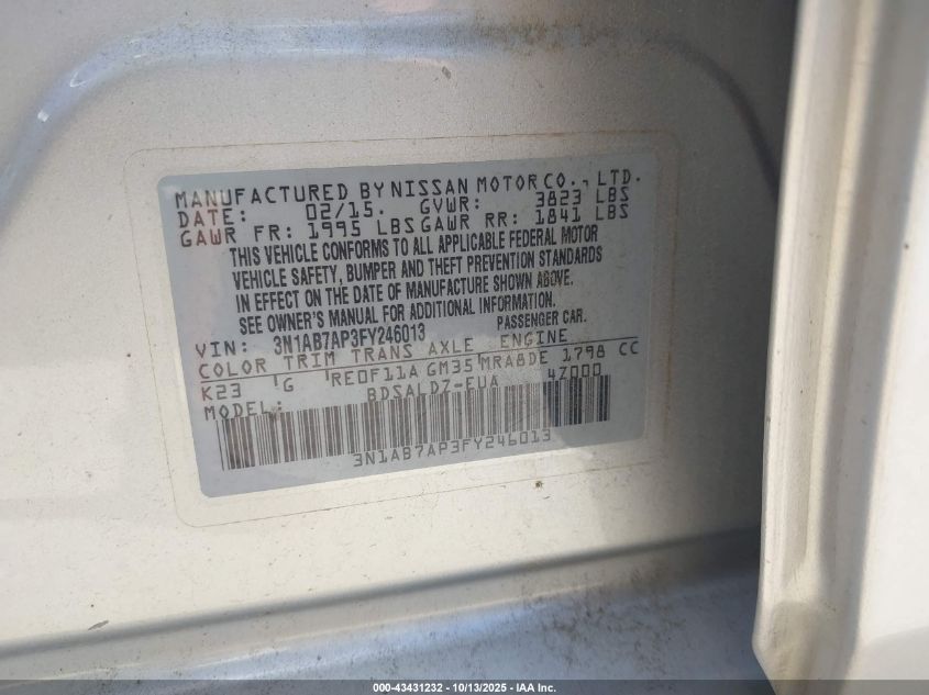 2015 Nissan Sentra Fe+ S/S/Sl/Sr/Sv VIN: 3N1AB7AP3FY246013 Lot: 43431232