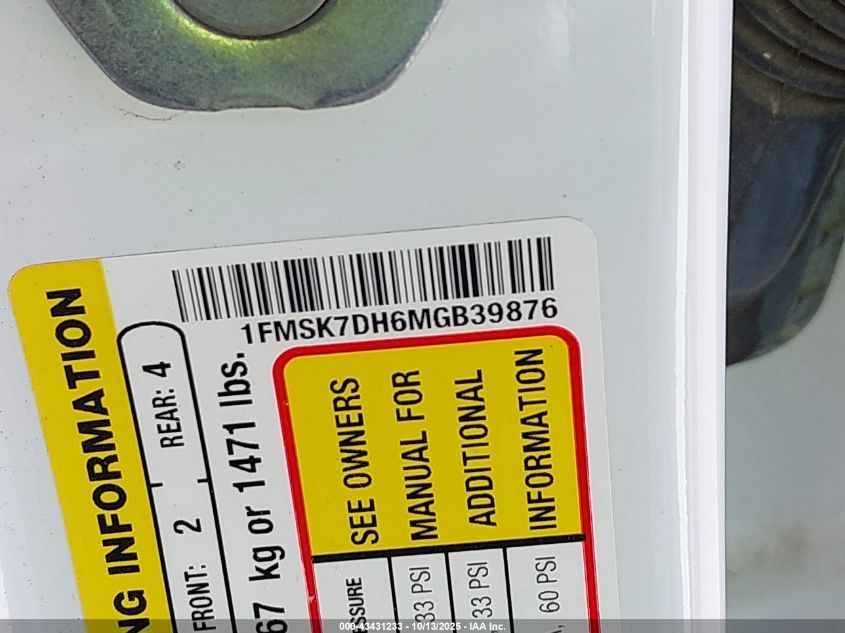 2021 Ford Explorer Xlt VIN: 1FMSK7DH6MGB39876 Lot: 43431233