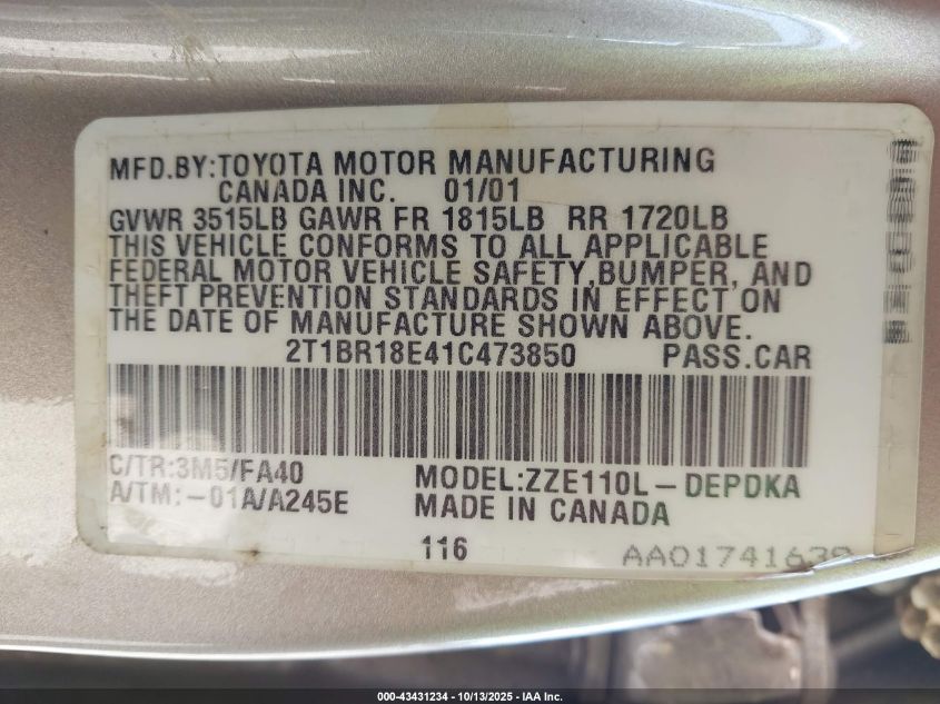 2001 Toyota Corolla Le VIN: 2T1BR18E41C473850 Lot: 43431234