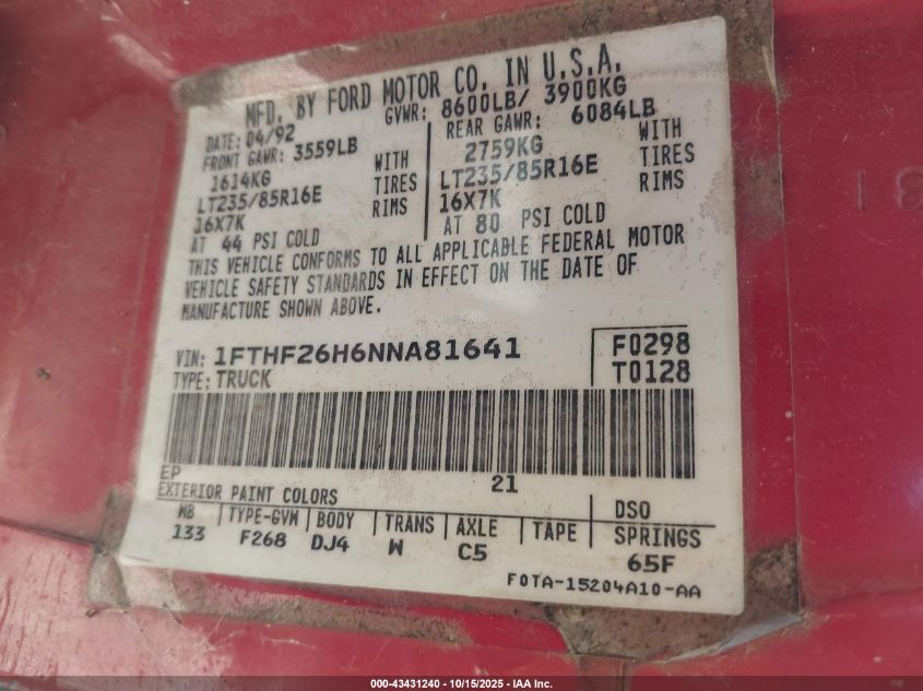 1992 Ford F250 VIN: 1FTHF26H6NNA81641 Lot: 43431240